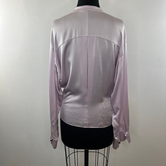 VINCE Satin Wrap Blouse Top Pink Mandarin Collar Long Sleeve Button Cuffs Size ? - Picture 8 of 9